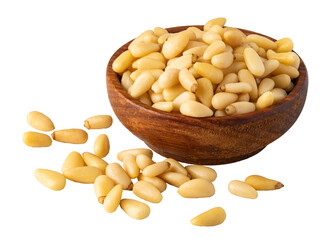 Pine nuts piled in wooden bowl on transparent background