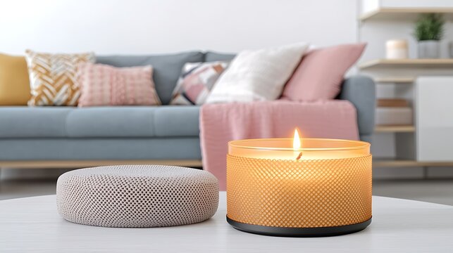 Single candle flickering gently in warm room, captured with mirrorless camera, 85mm lens, textured fabrics in background softly illuminated by candlelight