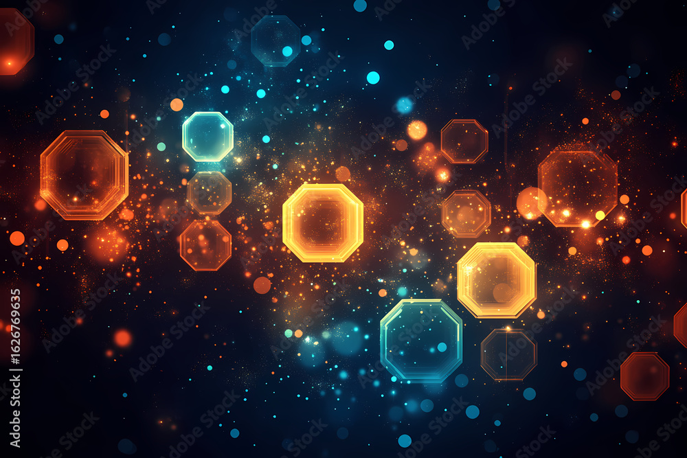Poster abstract digital network with glowing octagons, representing data and information flow in a futurist