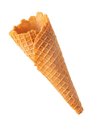 Empty ice cream waffle cone floating on transparent background