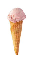 Delicious pink strawberry ice cream in waffle cone on transparent background