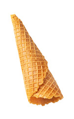 Empty ice cream waffle cone falling on transparent background