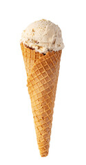 Delicious hazelnut ice cream in waffle cone on transparent background