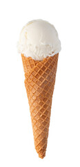 Delicious vanilla ice cream scoop resting on a crunchy waffle cone with transparent background