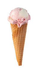 Strawberry and vanilla ice cream melting in a waffle cone on transparent background