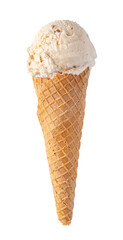 Delicious hazelnut ice cream scoop resting on crunchy waffle cone with transparent background