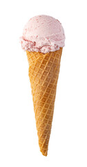 Delicious pink ice cream scoop resting on a crunchy waffle cone with transparent background