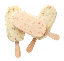 Pistachio and strawberry ice cream bars falling on transparent background