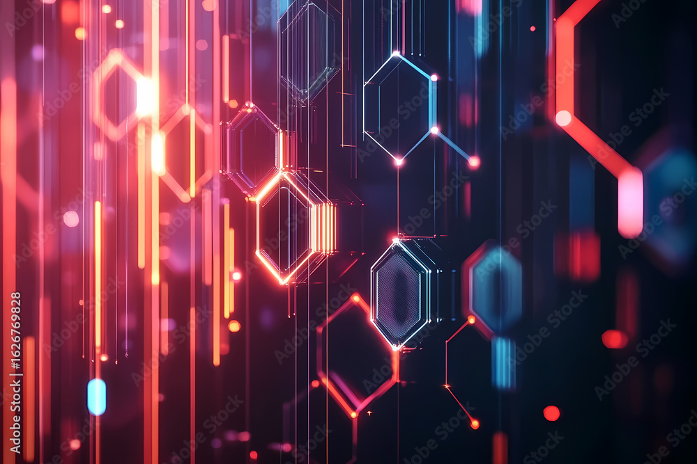 Poster abstract digital landscape featuring glowing hexagonal structures and dynamic vertical lines, symbol