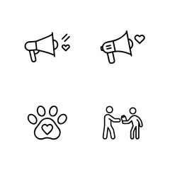 Four simple line art icons featuring megaphones hearts people love animal