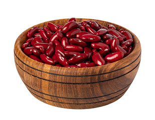 Wooden bowl overflowing with shiny red kidney beans on transparent background
