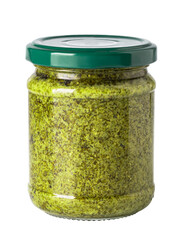 Glass jar filled with pesto sauce on transparent background