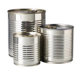 Group of three closed tin cans with transparent background