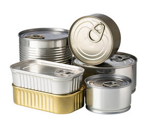 Group of preserved food cans on transparent background