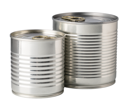 Two closed tin cans with ring pull on transparent background