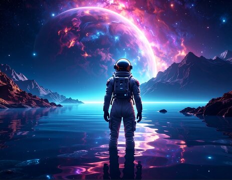 Astronaut stands on a reflective lake, gazing at a vibrant nebulae-like planet