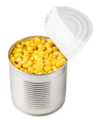 Open tin can of sweet corn on transparent background