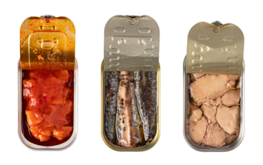 Open canned tuna, sardines and pâté on transparent background