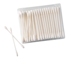 Cotton swabs resting on transparent background with box visible