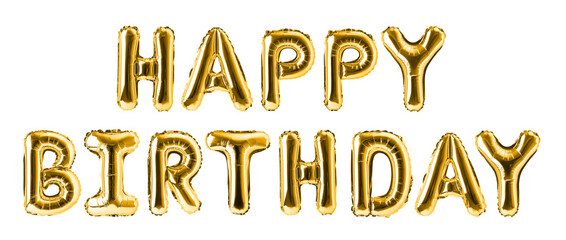 Golden happy birthday balloons wishing a joyful celebration on transparent background