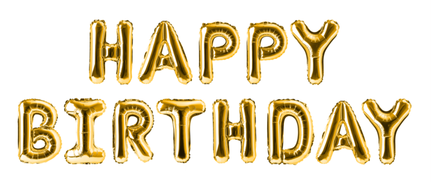 Golden happy birthday balloons wishing a joyful celebration on transparent background