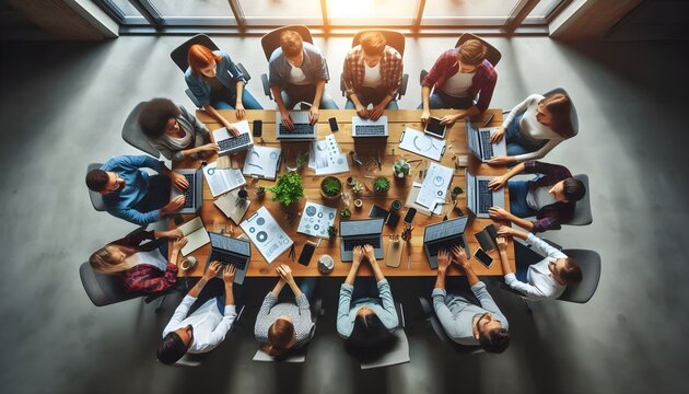 Group of people sitting around a large round table with documents and laptops in a modern office meeting.