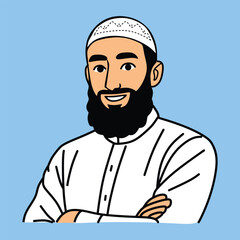Muslim man portrait with Smiling and beard wearing a white kulfi and shirt vector illustration art with blue background