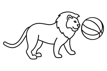 Majestic Lion Posing with a Basketball Ready to Play a Fun Game in Black and White Line Art