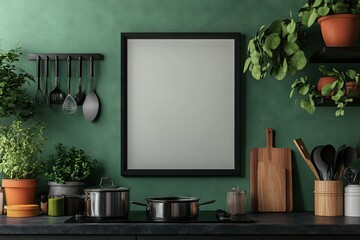 Mock-up framed poster in a teal kitchen
