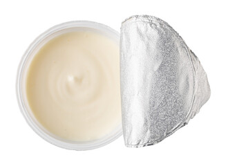 Plastic container of yogurt with foil lid partially peeled back on transparent background