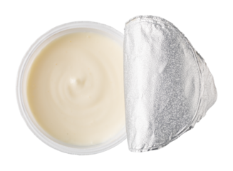 Plastic container of yogurt with foil lid partially peeled back on transparent background