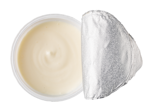 Plastic container of yogurt with foil lid partially peeled back on transparent background