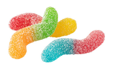 Colorful gummy worms covered in sugar on transparent background