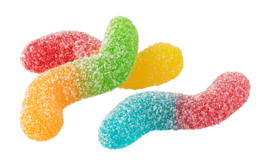 Colorful gummy worms covered in sugar on transparent background