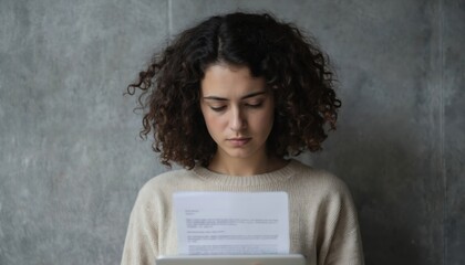 Young woman reads rejection letter on tablet. Her expression conveys disappointment and sadness after receiving bad news. This scene captures feelings of failure, setback, and emotional struggle.