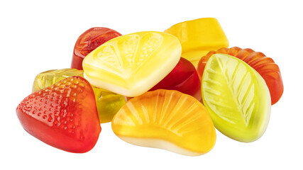 Colorful assorted fruit-shaped gummies on transparent background