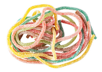 Colorful sugary candy strings tangled on transparent background