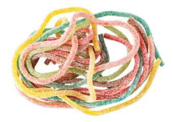 Colorful sugary candy strings tangled on transparent background