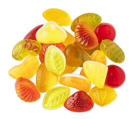 Colorful assorted fruit-shaped gummy candies on transparent background