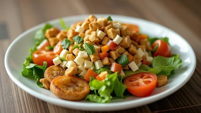Colorful Cobb salad assembled with rows of fresh toppings.
