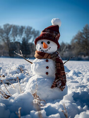 Obraz premium Snowman with Polka Dot Scarf in Bright Snow