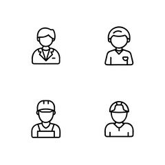 Four simple line art icons representing different professions uniforms person woman