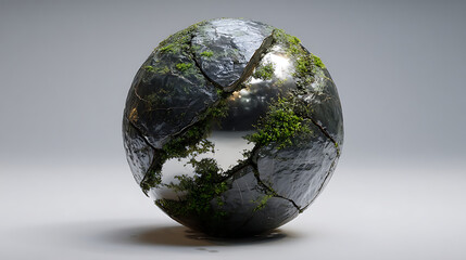 Cracked sphere with moss and reflective surface green grey