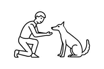 Minimalist Line Art Depicting a Person Training a Dog Skillfully and Patiently in a White Background Style Illustration