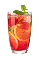 Refreshing strawberry lemonade with ice and mint on transparent background