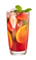Refreshing strawberry and orange summer cocktail with ice and mint on transparent background