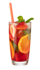 Refreshing strawberry and orange summer drink with ice and mint on transparent background