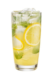 Refreshing lemonade with ice, lemon slices, and mint on transparent background