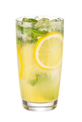 Refreshing lemonade with ice, lemon, and mint on transparent background