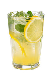 Refreshing lemonade with ice, lemon, and mint on transparent background